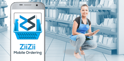smiling female storekeeper with ziizii mobile ordering app