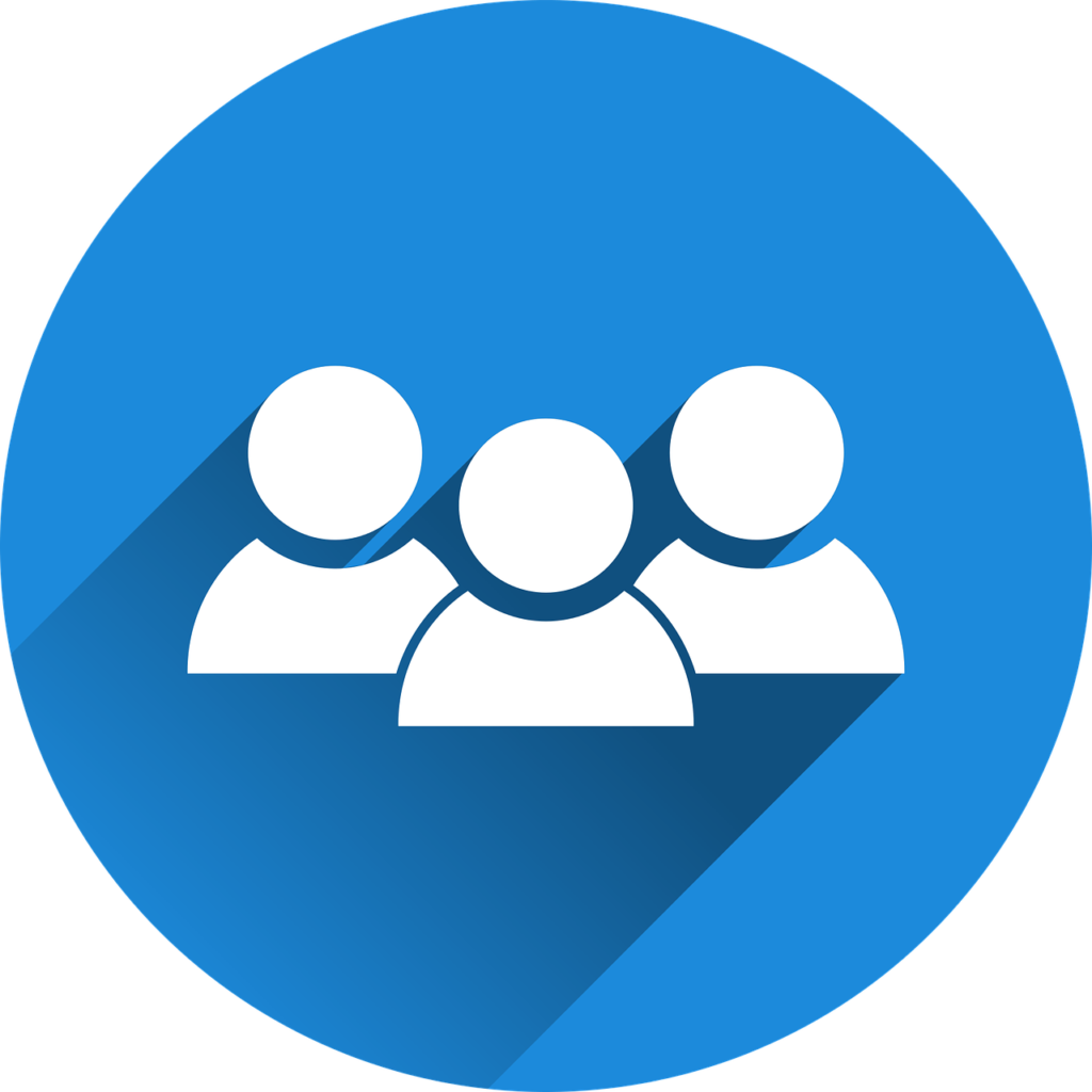 A blue circular icon depicting three white stylized figures representing a group of people