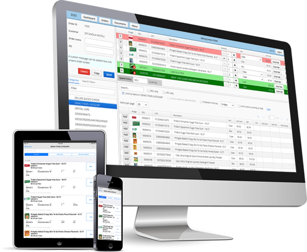 Desktop tablet and smartphone showing inventory and order management system dashboards