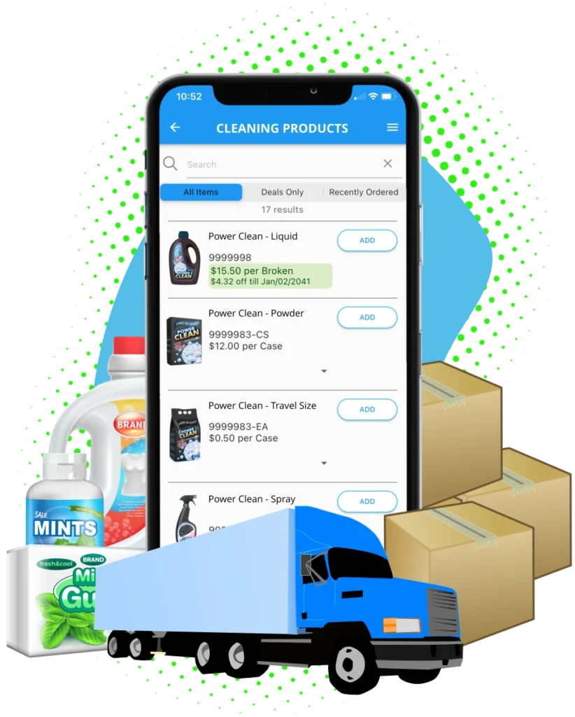 Smartphone with online cleaning products store surrounded by bottles boxes and delivery truck