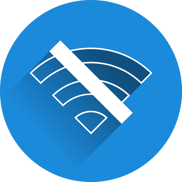 A blue circular icon with a white Wi-Fi symbol crossed out by a diagonal line indicating no Wi-Fi or a disabled connection