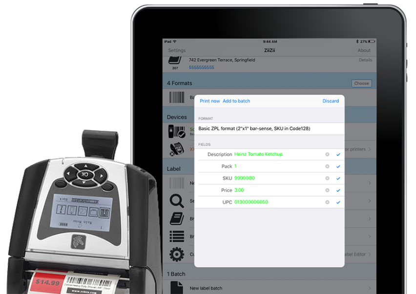 Zebra QLn mobile label printer printing price label with iPad running ZiiZii software