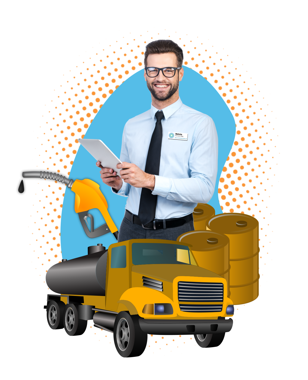 Smiling man with tablet in front of fuel truck pump and oil barrels