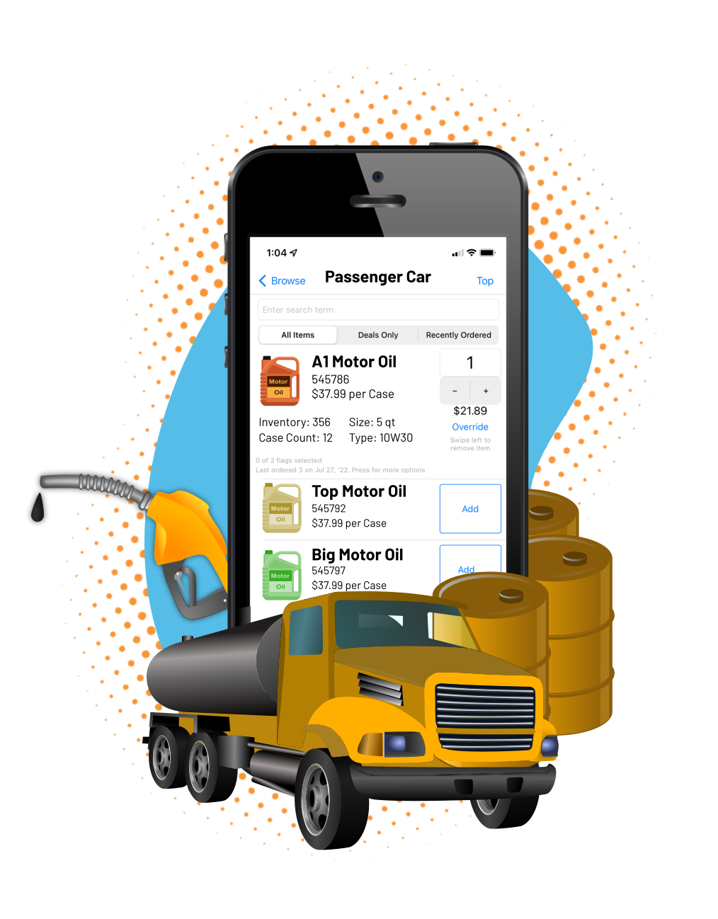 Mobile phone with oil ordering app surrounded by fuel truck barrels and gas pump nozzle