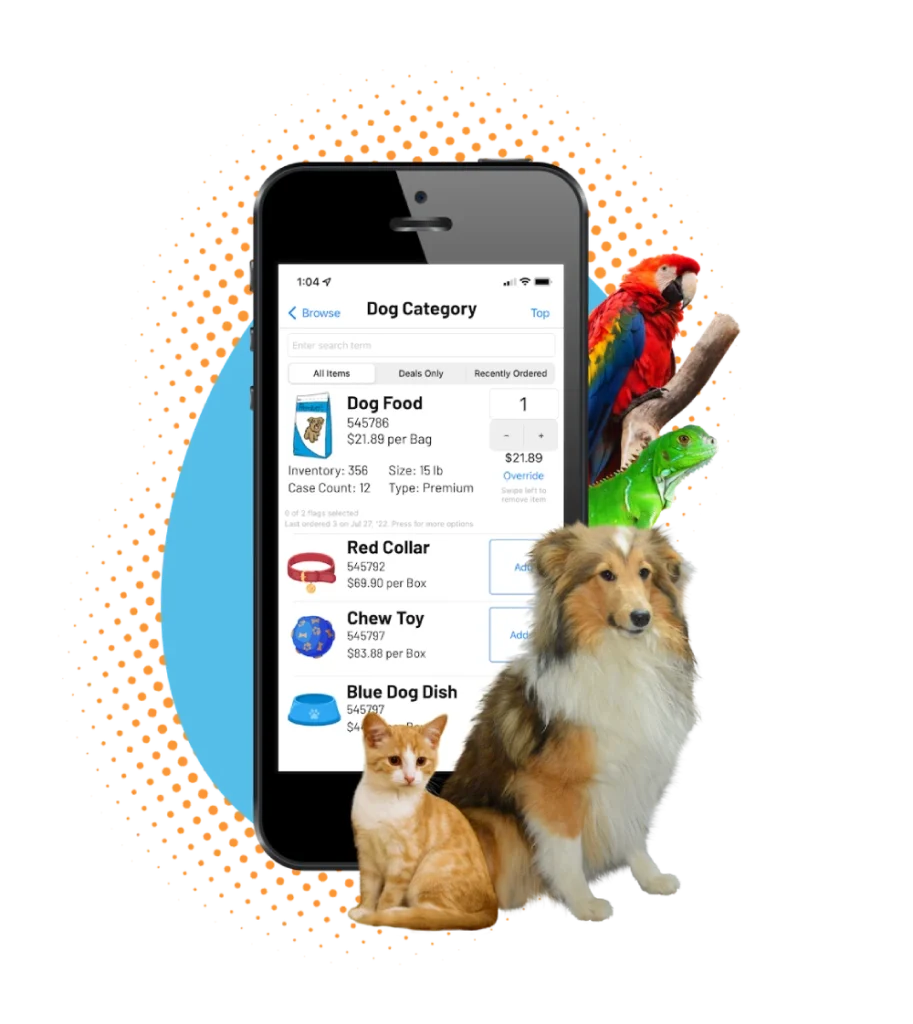Smartphone with dog category pet supply app surrounded by dog cat parrot and iguana