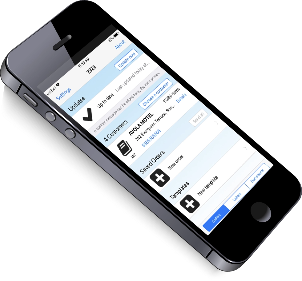 Mobile phone displaying a customer management and order tracking app interface with options for updates saved orders and templates