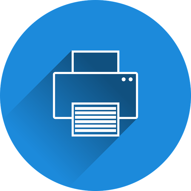 A blue circle containing a white outline icon of a printer with a sheet of paper being fed into it casting a long shadow to the bottom right