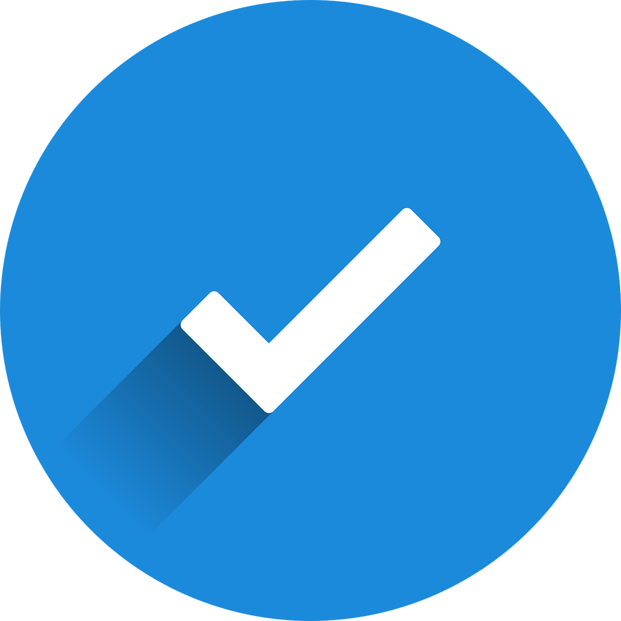 A white checkmark symbol with a subtle shadow centered within a solid blue circle against a transparent background