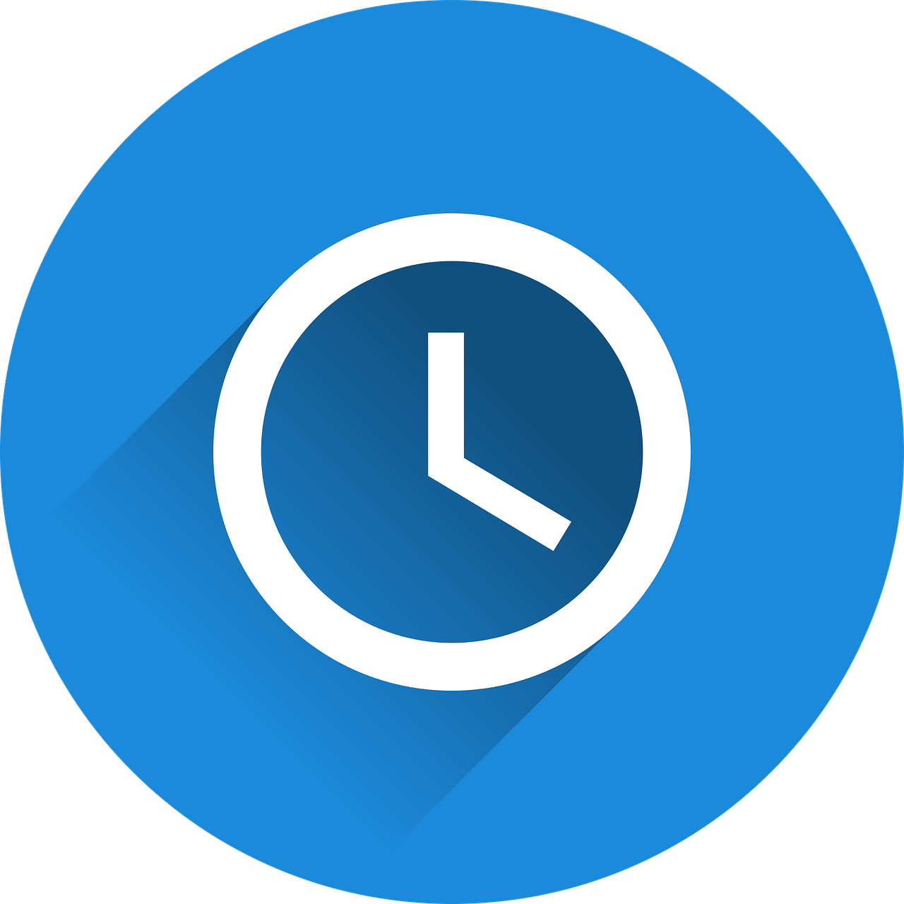 A blue circle containing a white clock icon with a long shadow