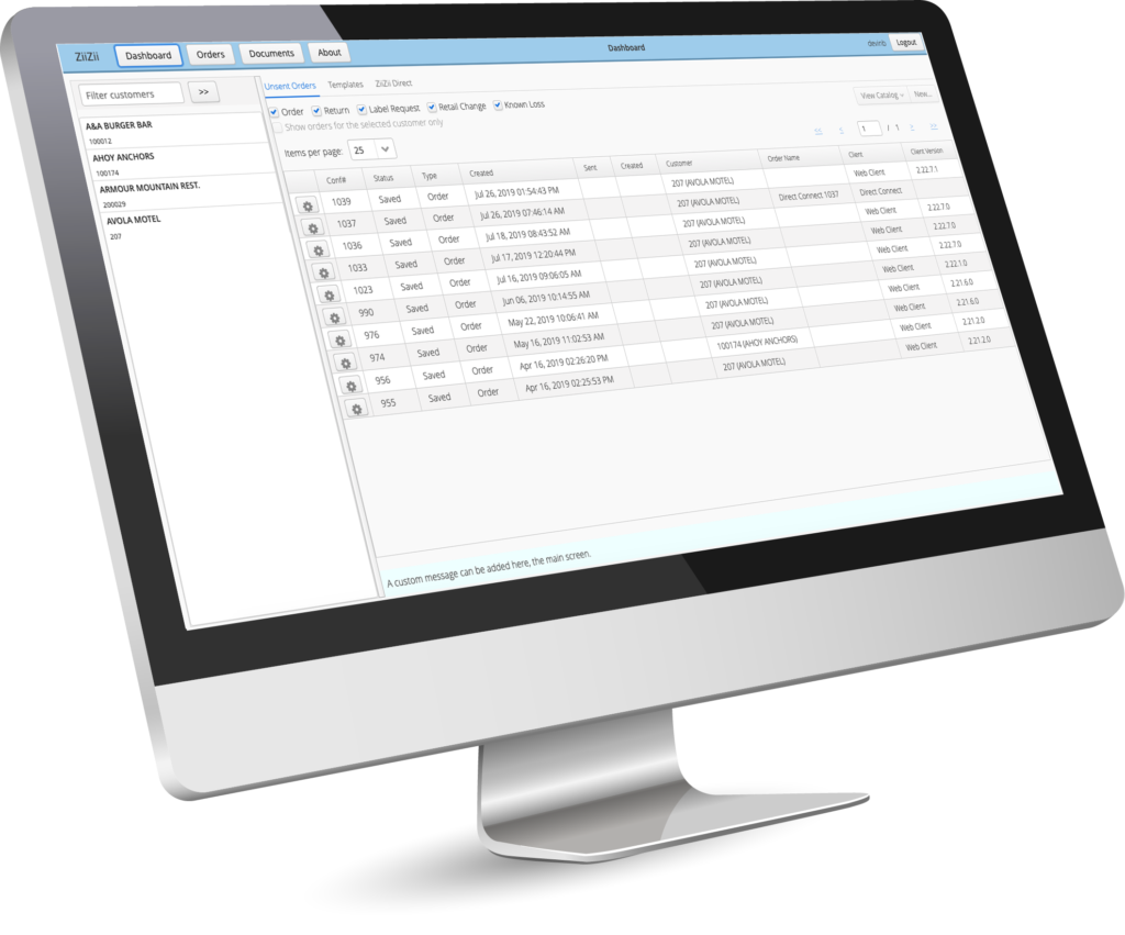 Computer monitor showing business management software orders dashboard