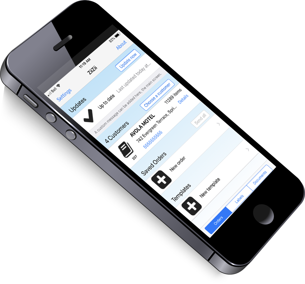 Mobile phone displaying a customer management and order tracking app interface with options for updates saved orders and templates