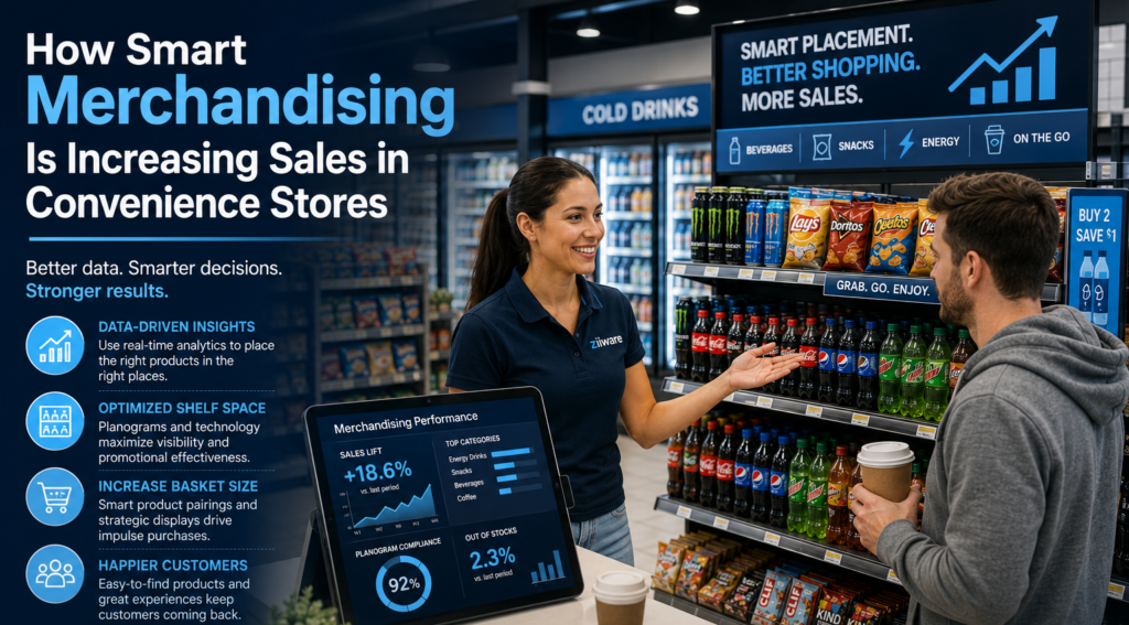 Convenience store employee discussing product placement with a customer in front of a well-merchandised beverage and snack display, illustrating how smart merchandising, planograms, and data-driven shelf optimization improve sales and customer engagement.
