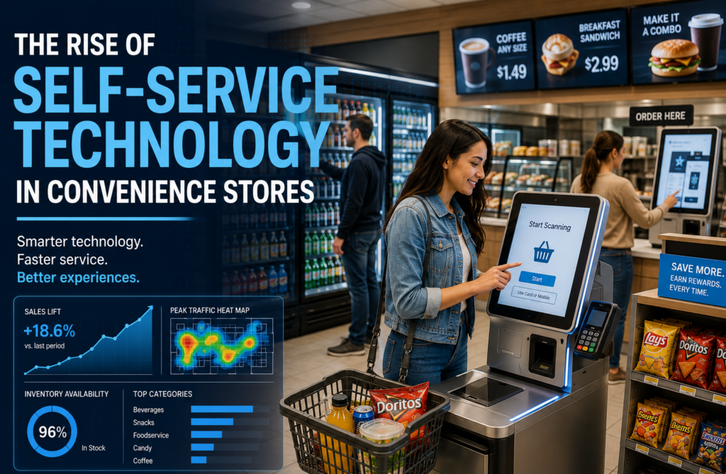 Customer using a self-checkout kiosk inside a modern convenience store while other shoppers browse and order food, illustrating how self-service technology improves checkout speed, customer convenience, and retail efficiency.