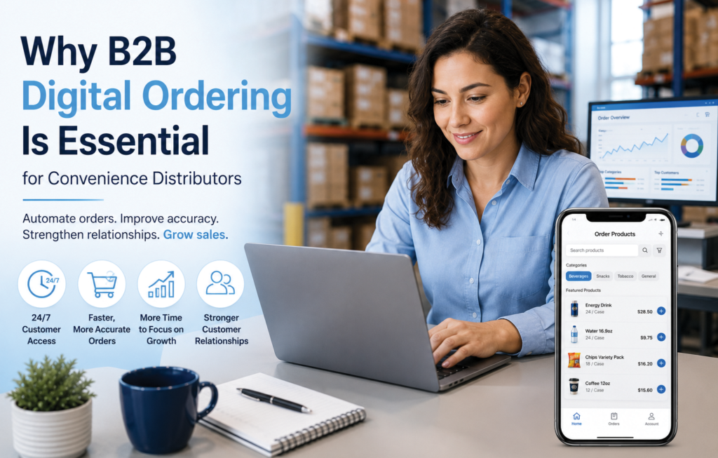 Female distribution professional using a laptop beside a digital B2B ordering interface, illustrating online ordering, order automation, and customer self-service for convenience distributors.
