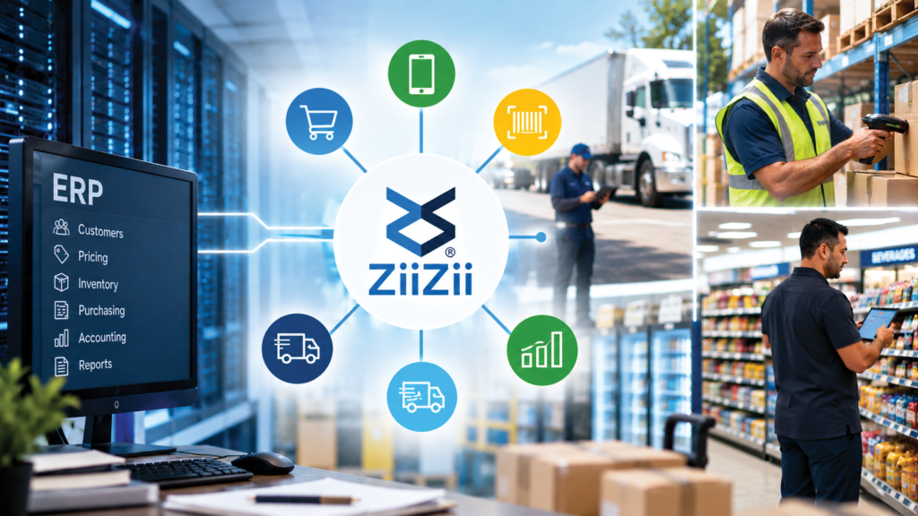 ERP system connected to ZiiZii ordering, mobile, warehouse, delivery, inventory, and analytics workflows for convenience distribution.