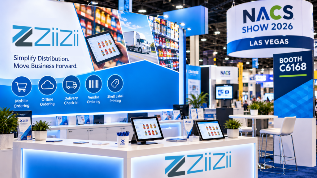 ZiiZii exhibition booth at NACS Show 2026 in Las Vegas, featuring mobile ordering, offline ordering, delivery check-in, vendor ordering, and shelf label printing solutions at Booth C6168.